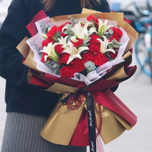 19 Stems of Red Carnations & 3 Stems of Multi-bloom White Lilies