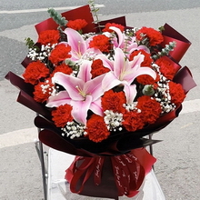 19 Stems of Red Carnations & 2 Stems of Multi-bloom Pink Lilies