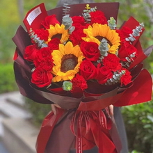10 Stems of Red Roses, 9 Stems of Red Carnations & 3 Stems of Sunflowers with Eucalyptus