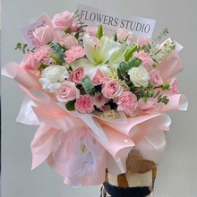 19 Stems of Mixed Pink Roses and Pink Carnations, 2 Stems of Multi-bloom White Lilies