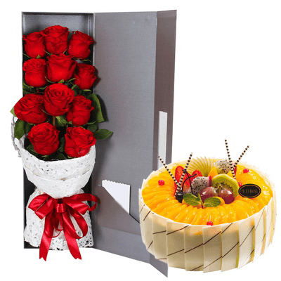 11 Red Roses + Round Fruit Cake