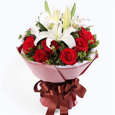 11 Stems of Red Roses & 2 Stems of Multi-bloom White Lilies