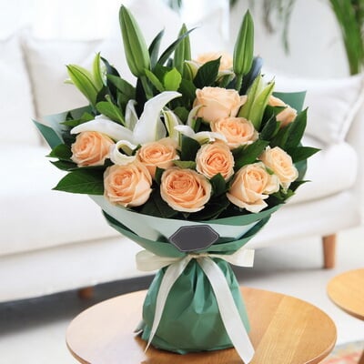 11 Stems of Champagne Roses & 2 Stems of Multi-bloom White Lilies