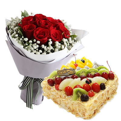 11 Stems of Red Roses & Square Fruit Cake