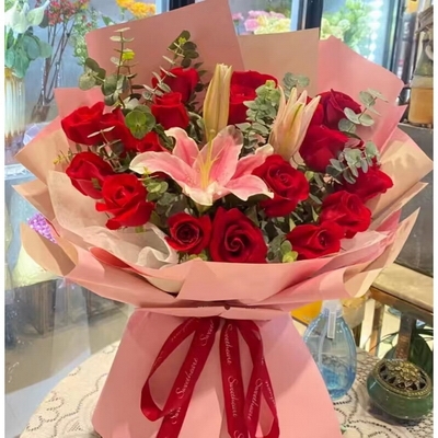 19 Stems of Red Roses & 2 Stems of Multi-bloom Pink Lilies