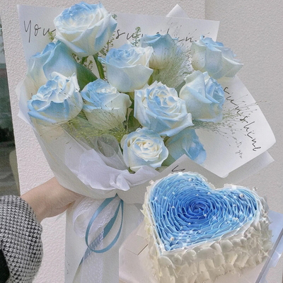 Lover's Heart-shaped Fresh Cream Petal Cake; 11 Stems of Ice Blue Roses