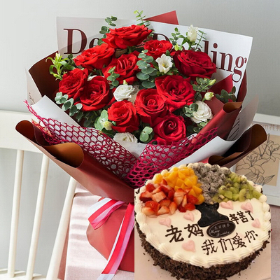 Round Fruit Cake; 11 Stems of Red Roses