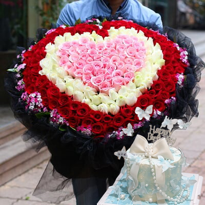 Round Butterfly-Themed Cake; 251 Roses in Heart-Shaped Bouquet