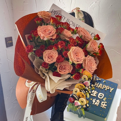 Square Fruit Cake; 9 Stems of Cappuccino Roses