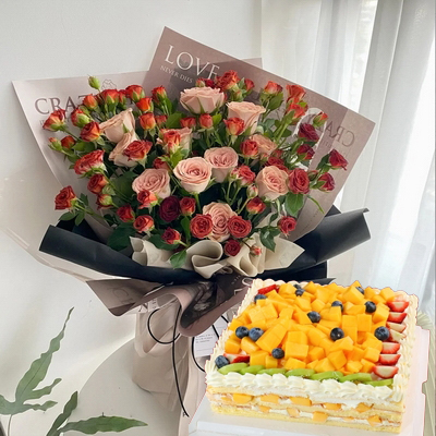 Square Naked Cake; 11 Stems of Cappuccino Roses