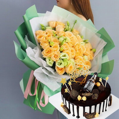 Trendy Wine Bottle Cake; 52 Stems of Champagne Roses