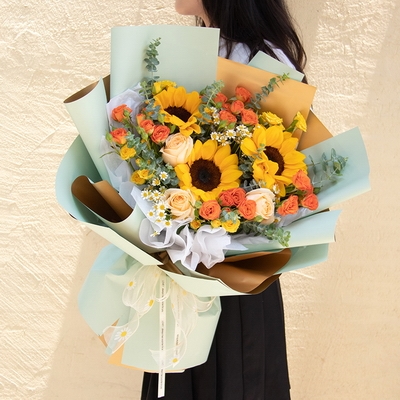 3 Stems of Champagne Roses & 3 Stems of Sunflowers
