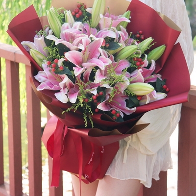 9 Stems of Multi-bloom Pink Lilies