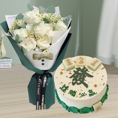 11 Stems of White Roses & Round Mahjong Themed Cake