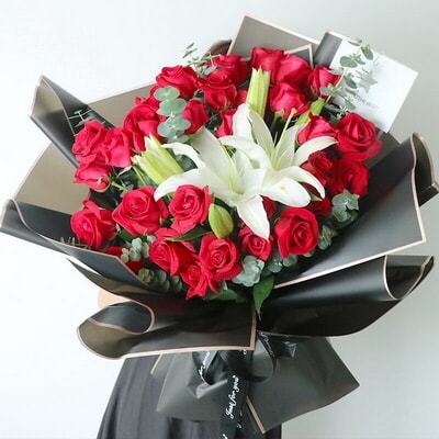 19 Stems of Red Roses & 2 Stems of Multi-bloom White Lilies