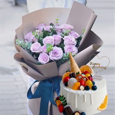 11 Stems of Purple Roses & Round Fruit Cake