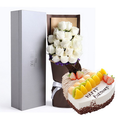11 Stems of White Roses in Gift Box & Heart-Shaped Fruit Cake