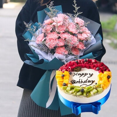 19 Stems of Pink Carnations & Round Fruit Cake