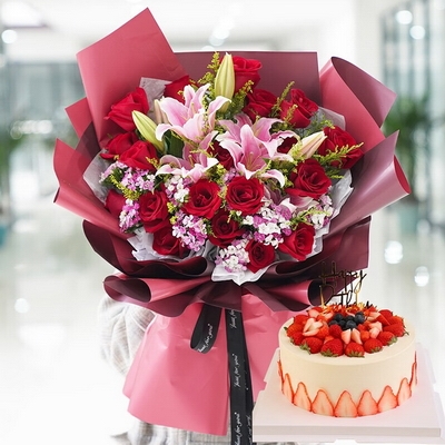 19 Stems of Red Roses & 2 Stems of Pink Lilies + Round Fruit Cake