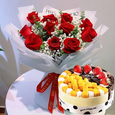 11 Stems of Red Roses & Round Fruit Cake