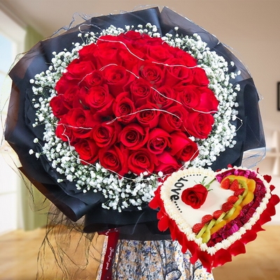 33 Stems of Red Roses, Fairy Lights & Heart-shaped Fruit Rose Petal Cake