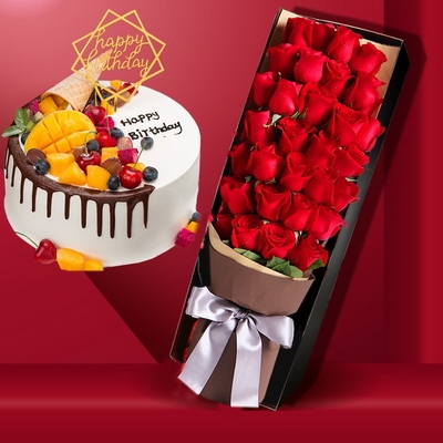 33 Stems of Red Roses in Gift Box + Round Fruit Cake