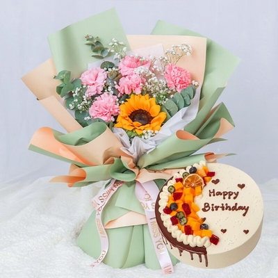 5 Stems of Pink Carnations & 1 Stem of Sunflower + Round Fruit Cake