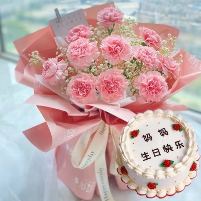 11 Stems of Pink Carnations + Round Fresh Cream Cake