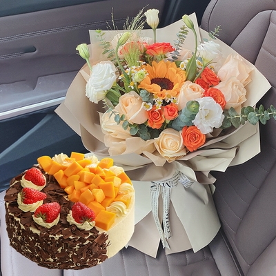 1 Stem of Sunflower, 9 Stems of Champagne Roses & Round Fruit Cake