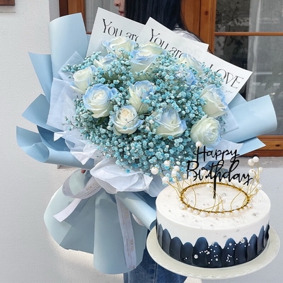 11 Stems of Ice Blue Roses + Round Fruit Cake