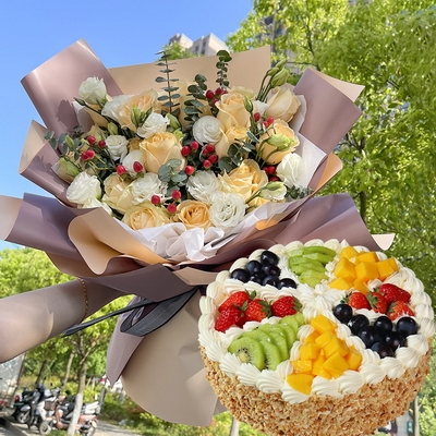 11 Stems of Champagne Roses & Round Fruit Cake with Fruit Platter