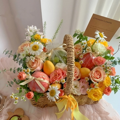 6 Stems of Pink Avalanche Roses, 8 Stems of Yellow Roses Fruit & Flower Basket