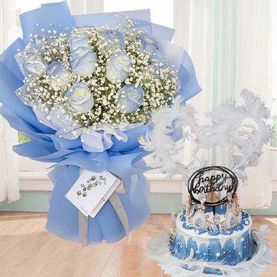 11 Stems of Ice Blue Roses + Crown-Shaped Cake