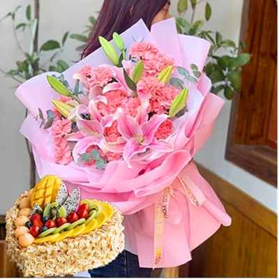19 Stems of Pink Carnations, 4 Stems of Multi-bloom Pink Lilies & Heart-shaped Fruit Cake