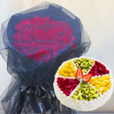 33 Stems of Red Roses + Round Fruit Cake