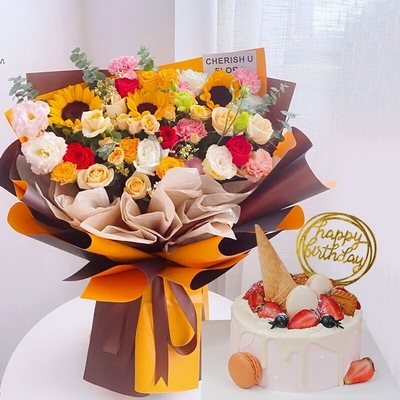 19 Stems of Roses, 3 Stems of Sunflowers, 6 Stems of Pink Carnations & Round Fruit Cake