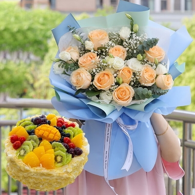 11 Stems of Champagne Roses & Round Fruit Cake