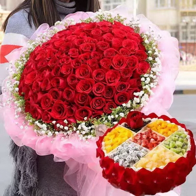 99 Stems of Red Roses & Round Fruit Cake