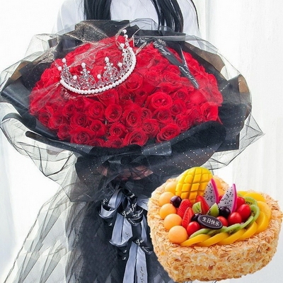 99 Stems of Red Roses & Heart-Shaped Fruit Cake