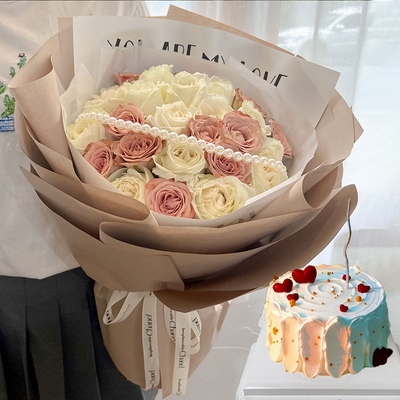 33 Stems of Mixed Roses & Round Fruit Cake