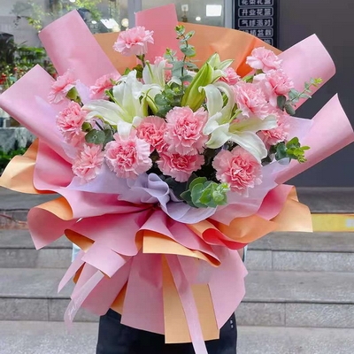16 Stems of Pink Carnations & 2 Stems of Multi-bloom White Lilies