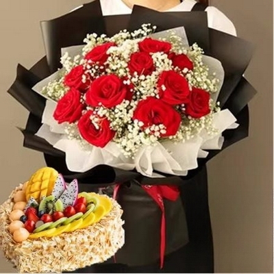 11 Stems of Red Roses & Heart-shaped Fruit Cake