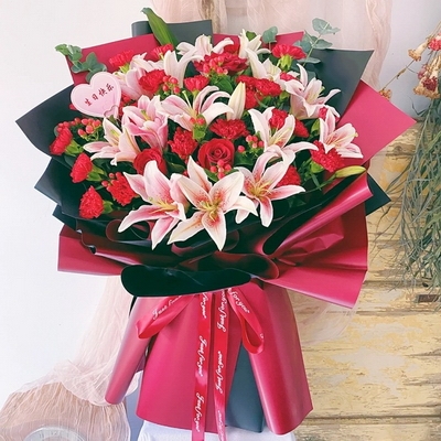 19 Stems of Red Carnations, 2 Stems of Red Roses & 8 Stems of Multi-bloom Pink Lilies