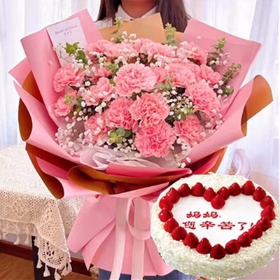 19 Stems of Pink Carnations & Round Fruit Cake