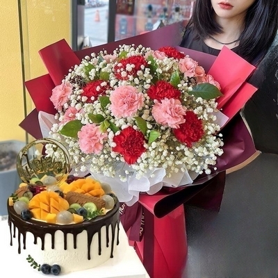 9 Stems of Pink Carnations, 6 Stems of Red Carnations & Round Fruit Cake