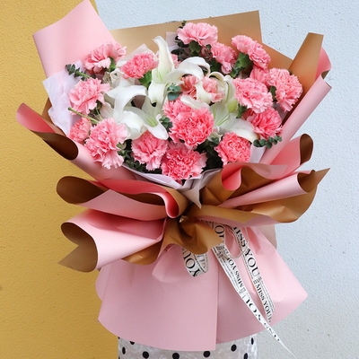 19 Stems of Pink Carnations & 2 Stems of Multi-bloom White Lilies
