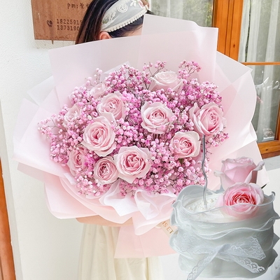 11 Stems of Pink Roses & Round Fruit Cake