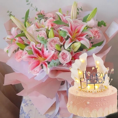 9 Pink Roses, 6 Pink Carnations, 6 Pink Lilies & Round Crown Cake