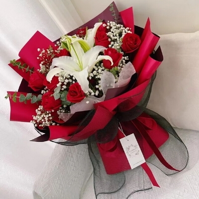 11 Stems of Red Roses & 2 Stems of Multi-bloom White Lilies