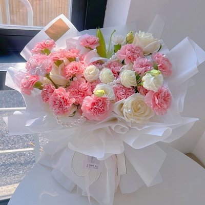 19 Stems of Pink Carnations & 2 Stems of White Roses